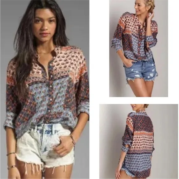Free People Caravan Block Print Button Front Blouse Top S - Image 2