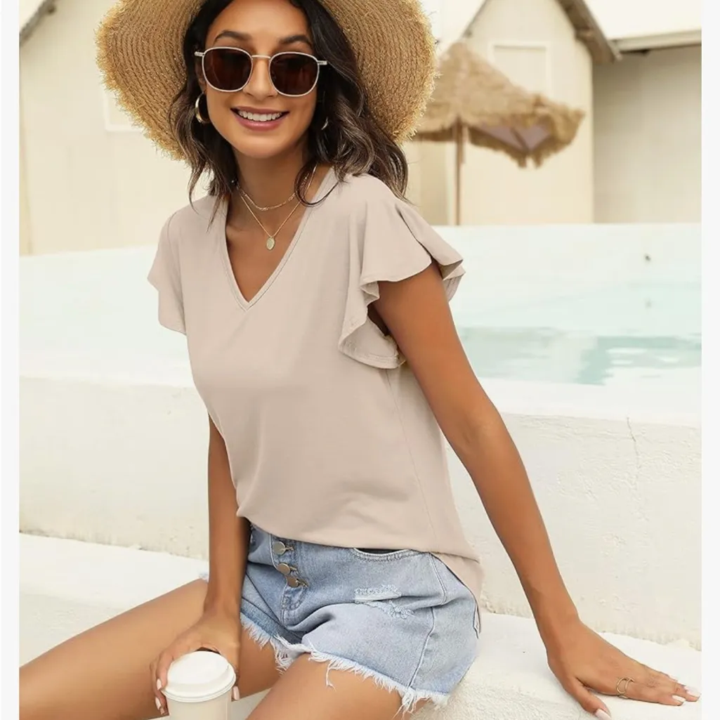 Women's Beige Flutter Sleeve Top Tan Size XXL - Image 3