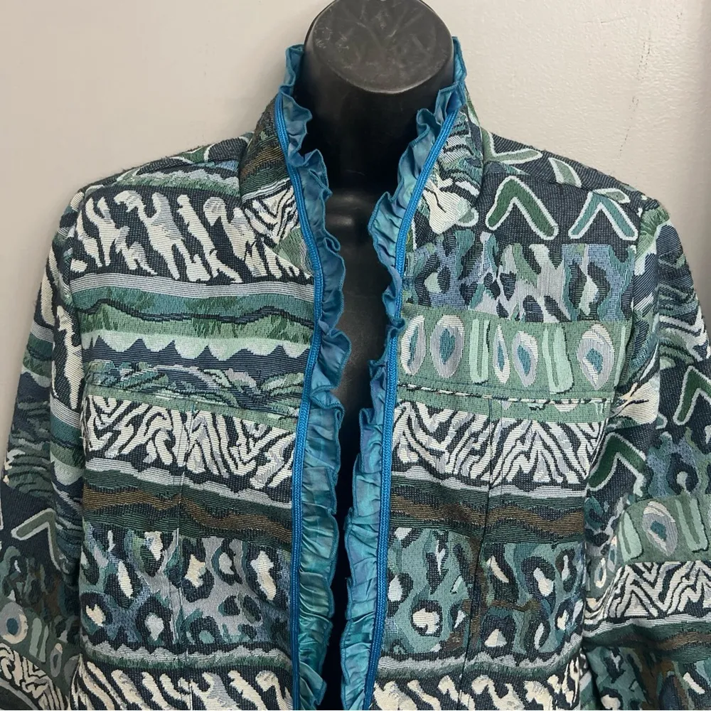 Vintage Alex Kim blue animal print Tapestry Jacket size PS - Image 2