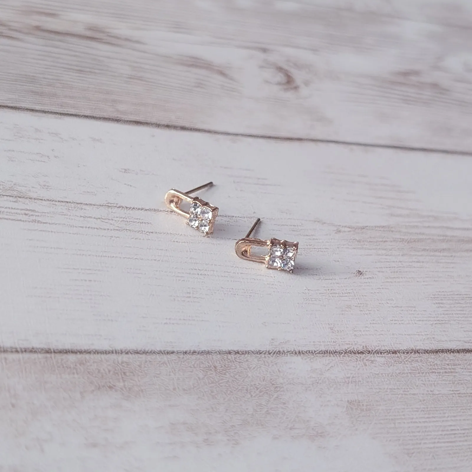 Gold Tone & Clear Gem Padlock Lock Shape Stud Earrings - Image 3