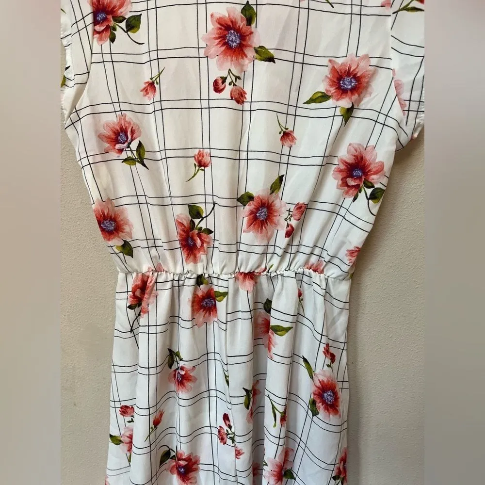 Sweet Rain Women’s White Pink Floral Checker Print Short Sleeve Mini Dress Small - Image 9