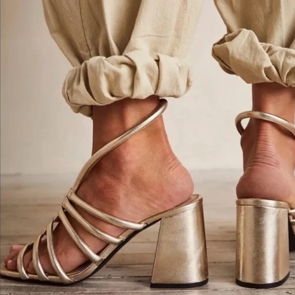 Free People Colette Cinched Women’s Gold Strappy Block Heel Sandals Size 6.5 /37 - Image 2