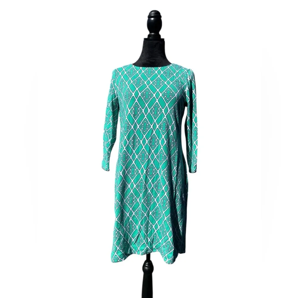 Crown & Ivy Green Geometric Shift Dress Small 3/4 Sleeve Cotton Blend Preppy - Image 2