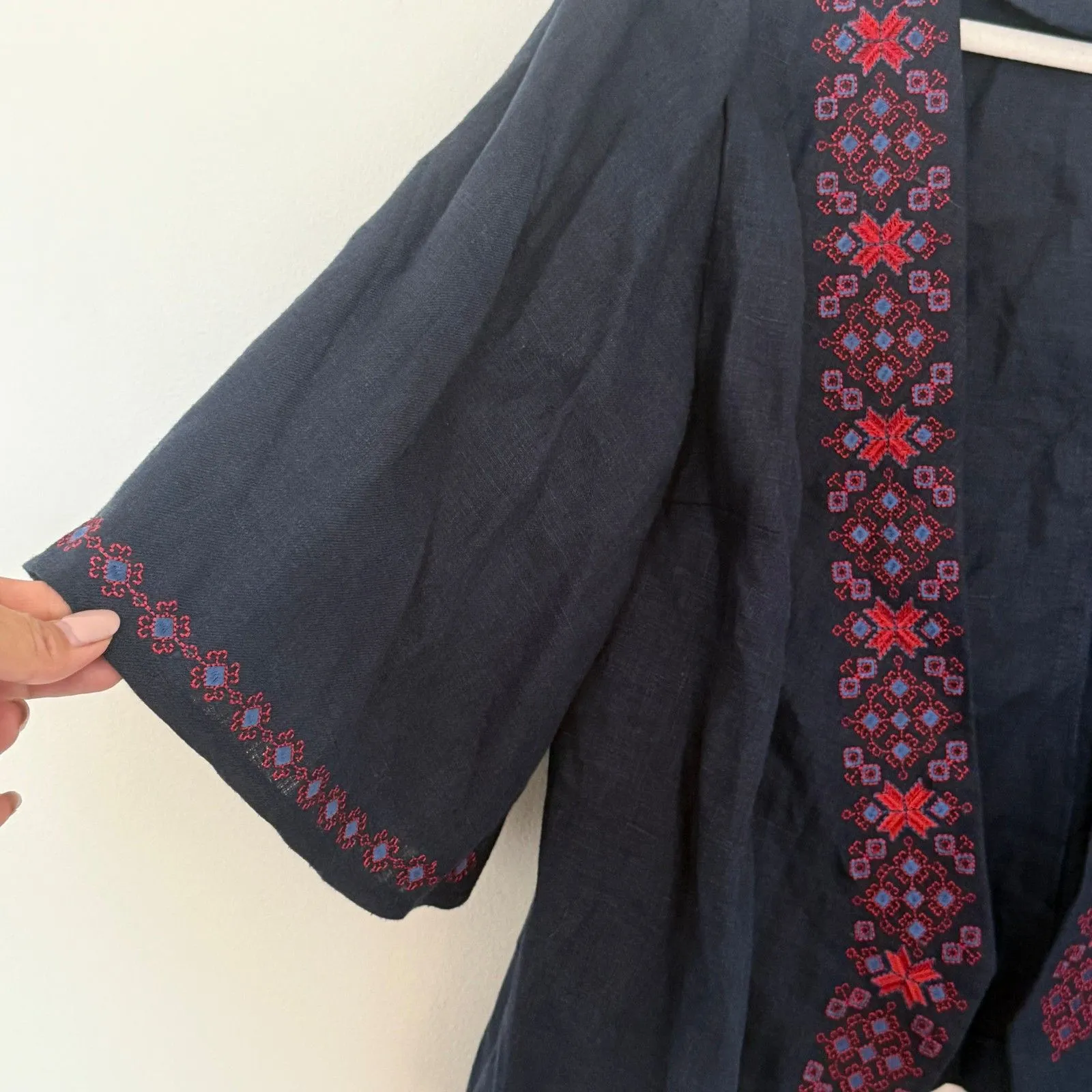 Etno Soul Blue Linen Embroidered Vyshyvanka Wrap Blouse Butterfly Sleeve No Belt Size undefined - Image 4