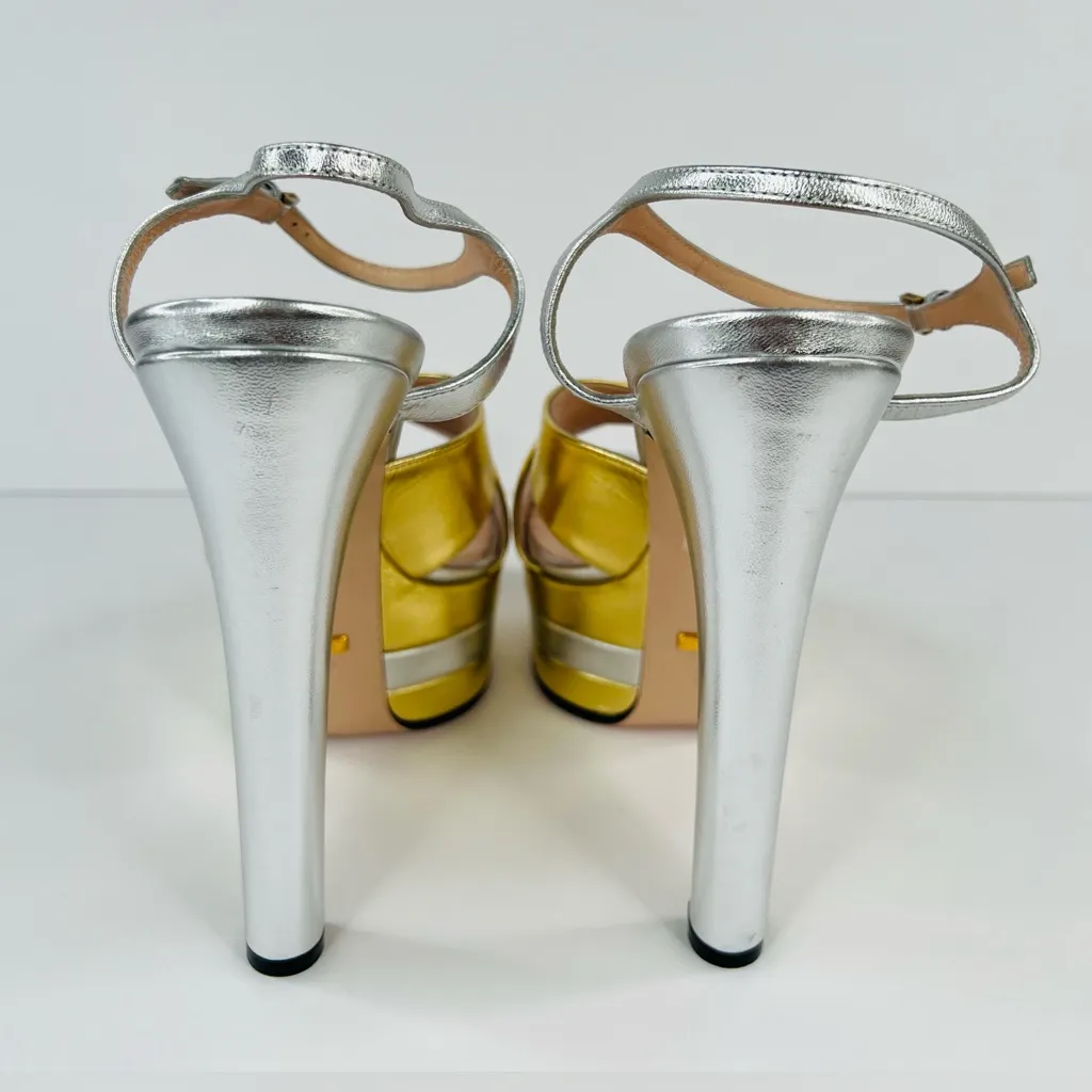 Gucci Crisscross Metallic Leather Straps Platform Heel Logo Sandals Size EU 39.5 - Image 6