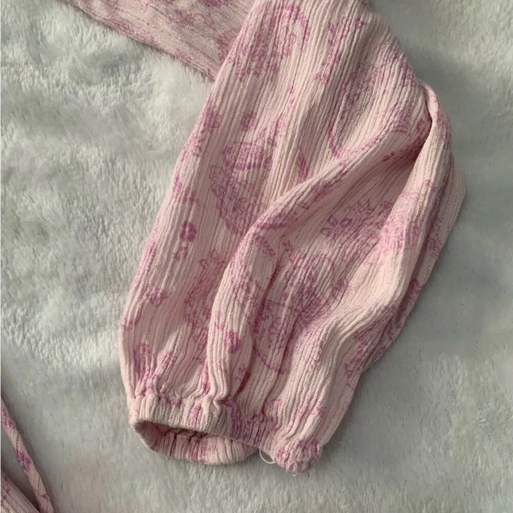 House of Harlow 1960 womens XS pink paisley smocked mini dress puff Ajay v neck - Image 6