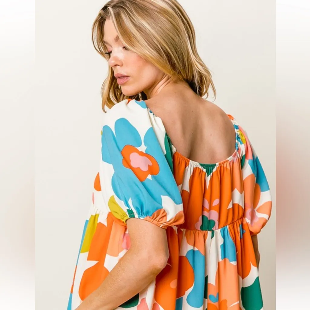 BiBi Floral Puff Sleeve Square Neck Babydoll Mini Dress XL Retro Style 70s New - Image 4