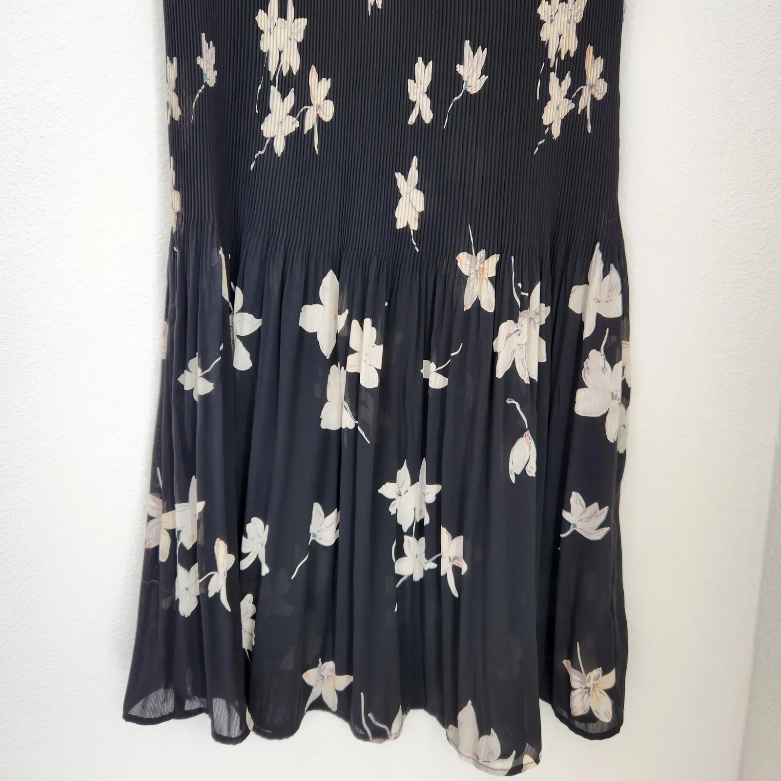 Vintage 90s Black Floral Pleated Chiffon Midi Skirt Whimsigoth Coquette M - Image 2