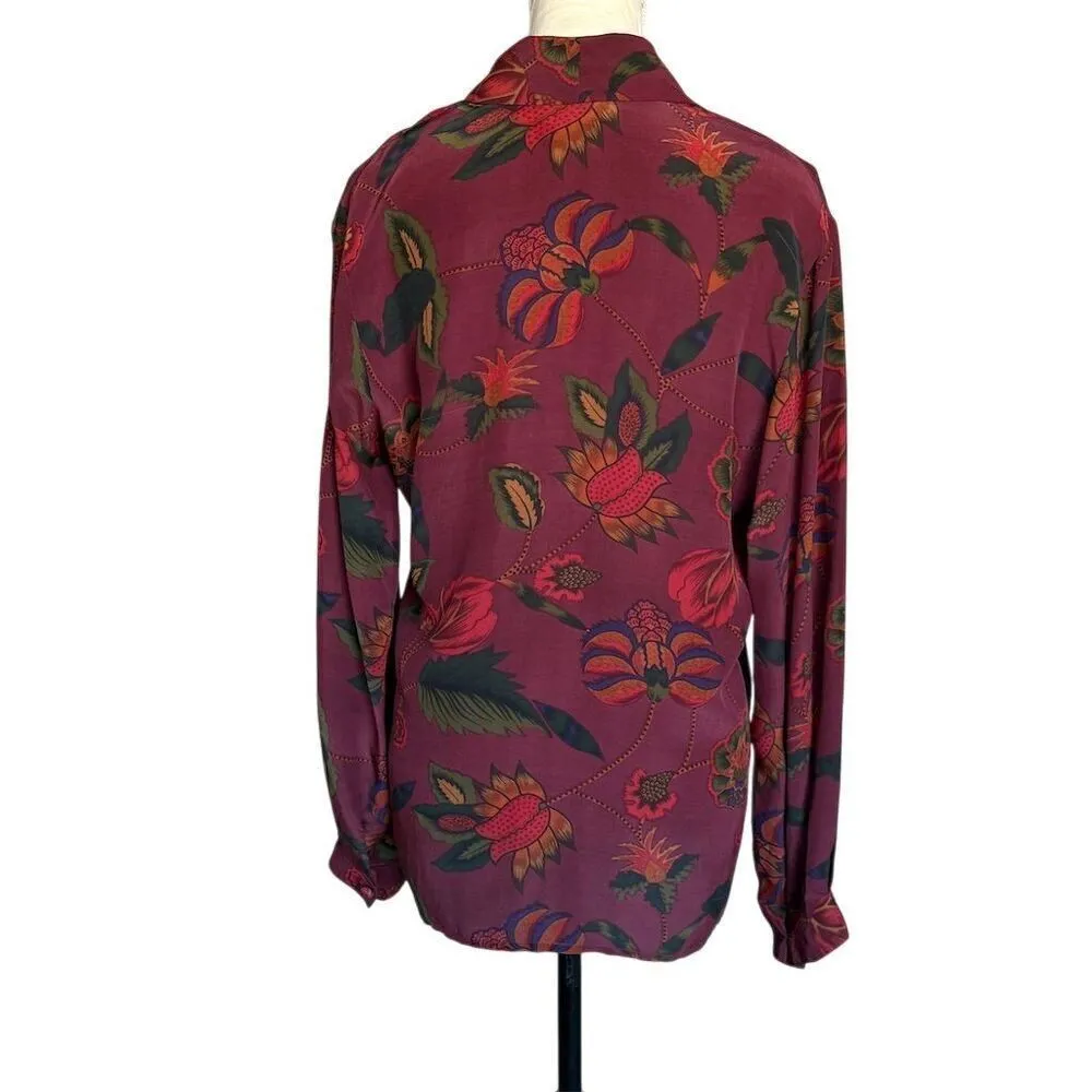Nancy Crystal Women's Floral Silk Blouse Size 6 Burgundy V - Image 8