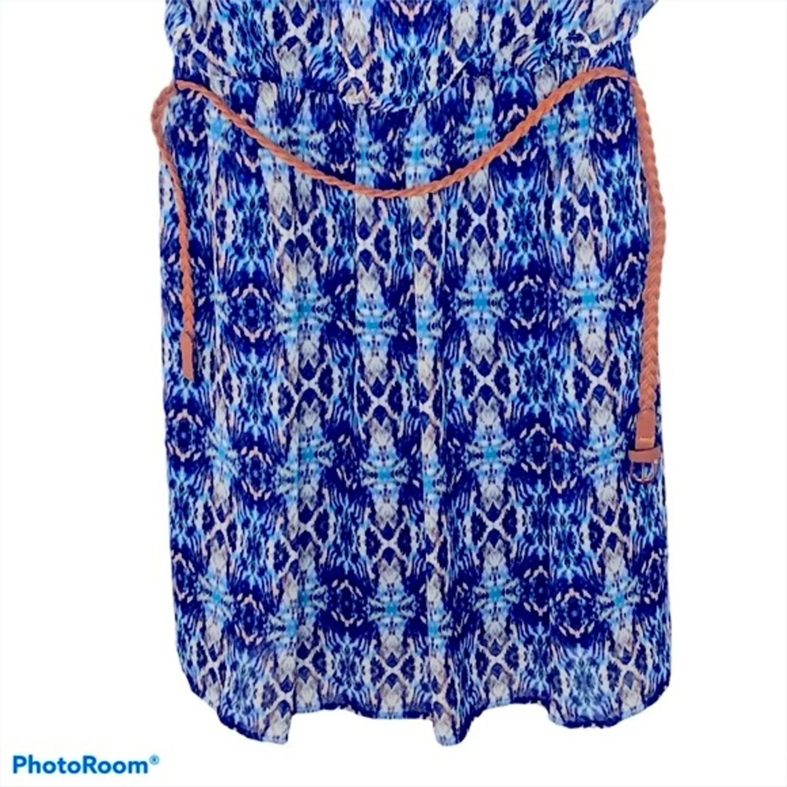 Cato Caged Back Belted Midi Blouson Dress Medium Blue Tan Cream Pattern - Image 8