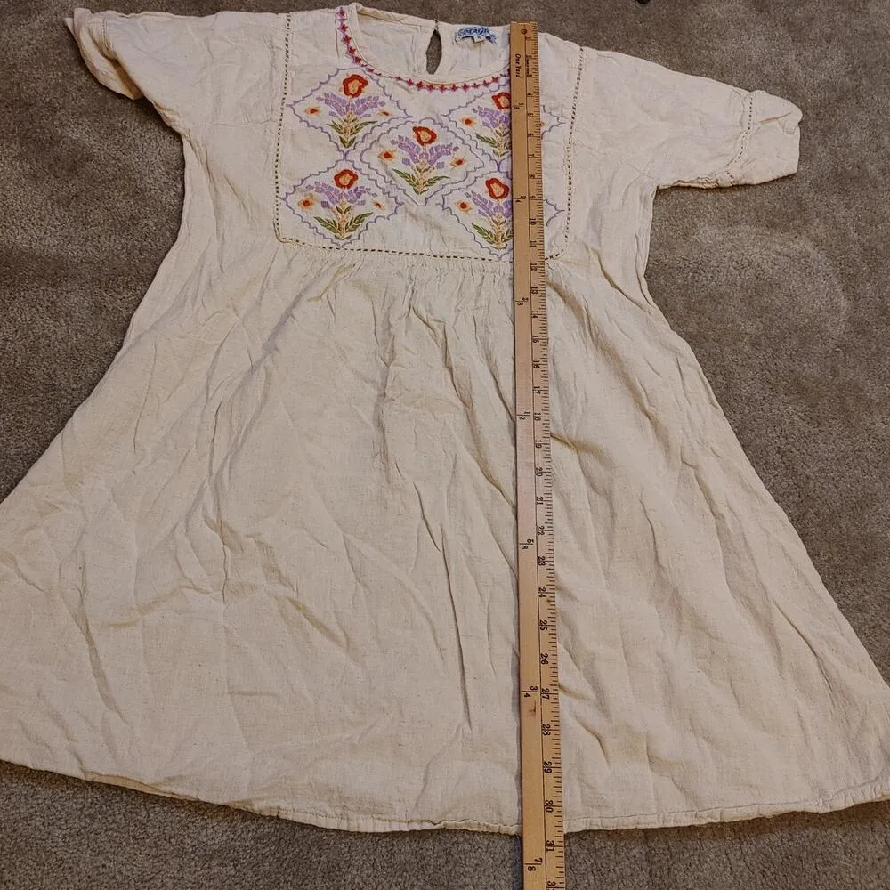 Magic Size Small S Linen Cotton Embroidered Dress Floral Flower Boho Indie Short - Image 4