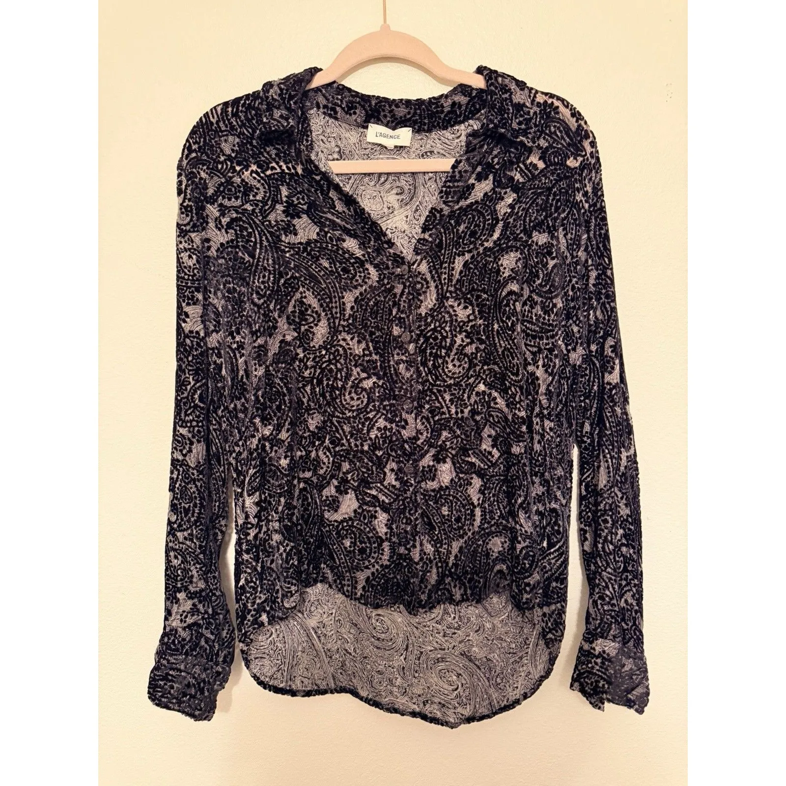 L'AGENCE Hailie Paisley Velvet Lace Silk Blend Button Down Shirt Black M $420 - Image 3