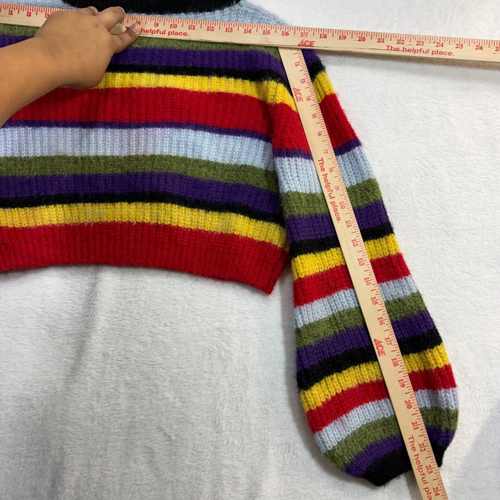 AKIRA L Cropped Sweater Rainbow Fuzzy Stripe Knit Bold Y2K Cozy EGirl Maximalist - Image 7