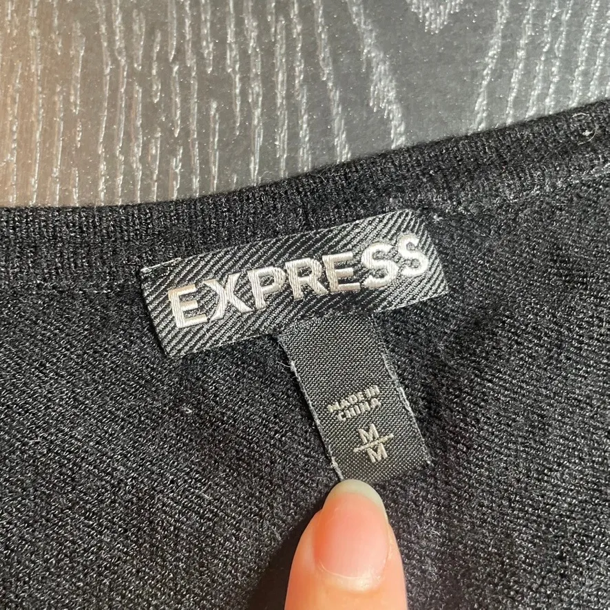 EXPRESS  Black Asymmetrical Hem Long Sleeve Sweater Top M Rayon Crew Neck Tunic - Image 2