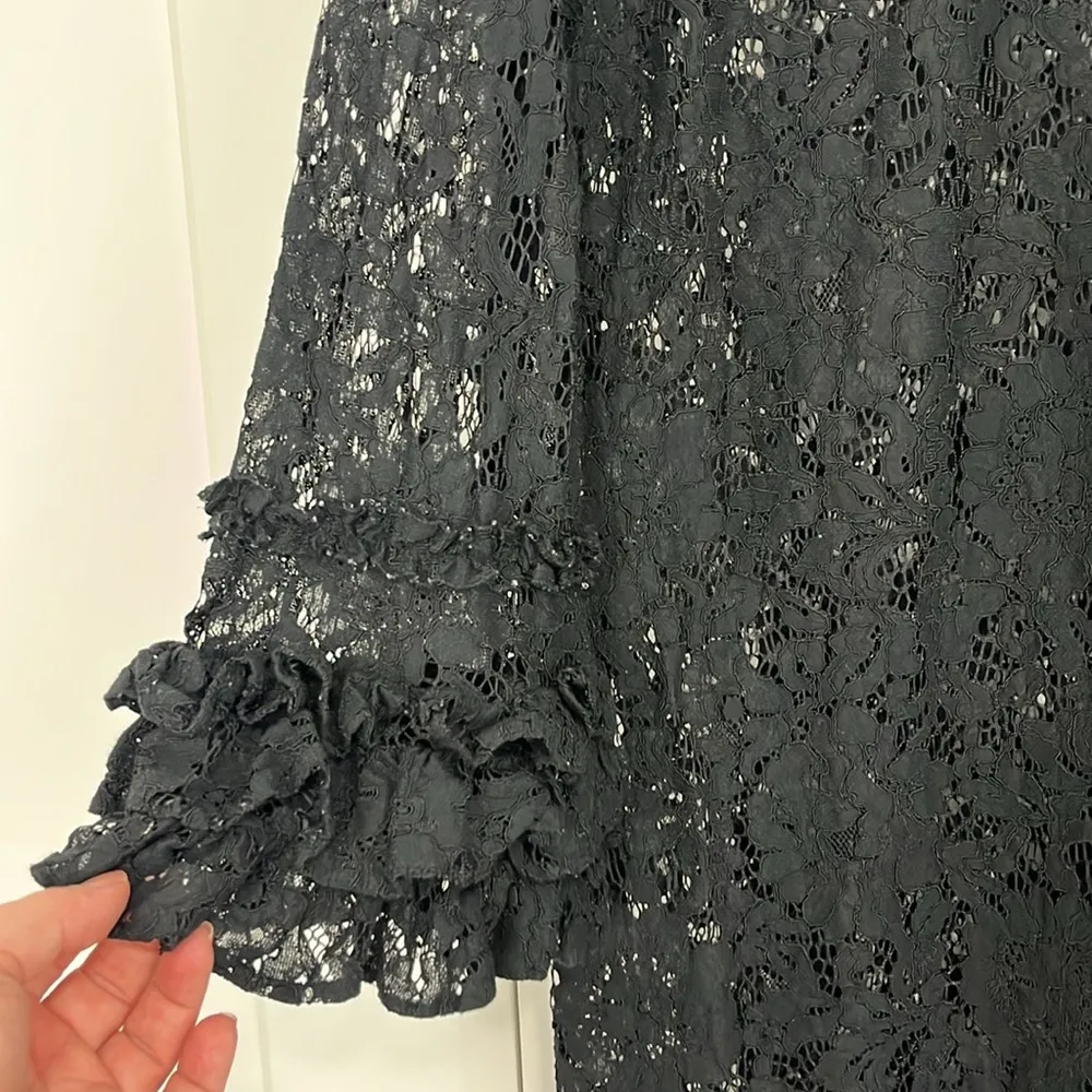 Who What Wear Medium Black Lace Sheer Long Ruffle Sleeve High Neck Dress - Image 6