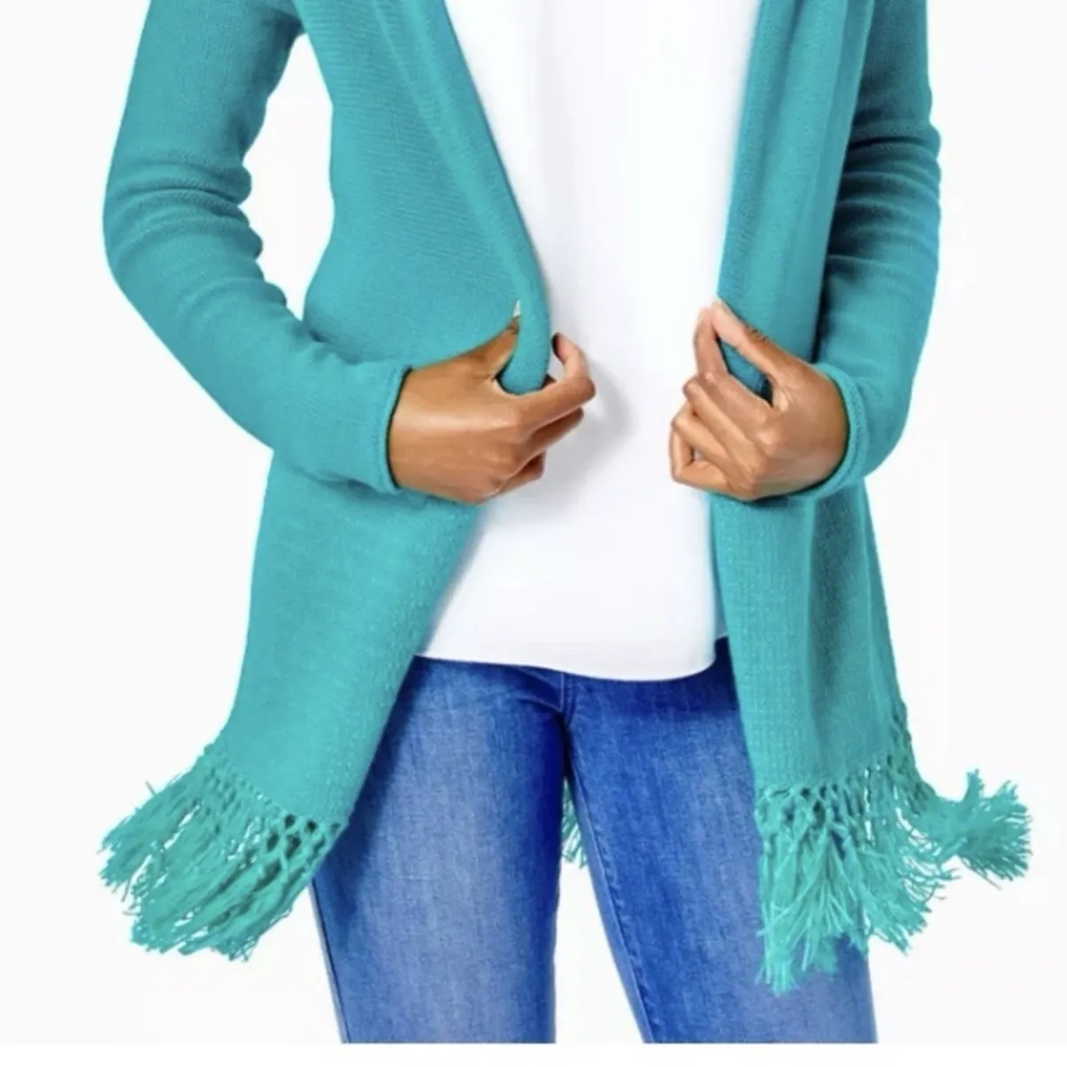 Lilly Pulitzer Maldives Green Tatum Long Fringe‎ Hem Cardigan Size XS - Image 3