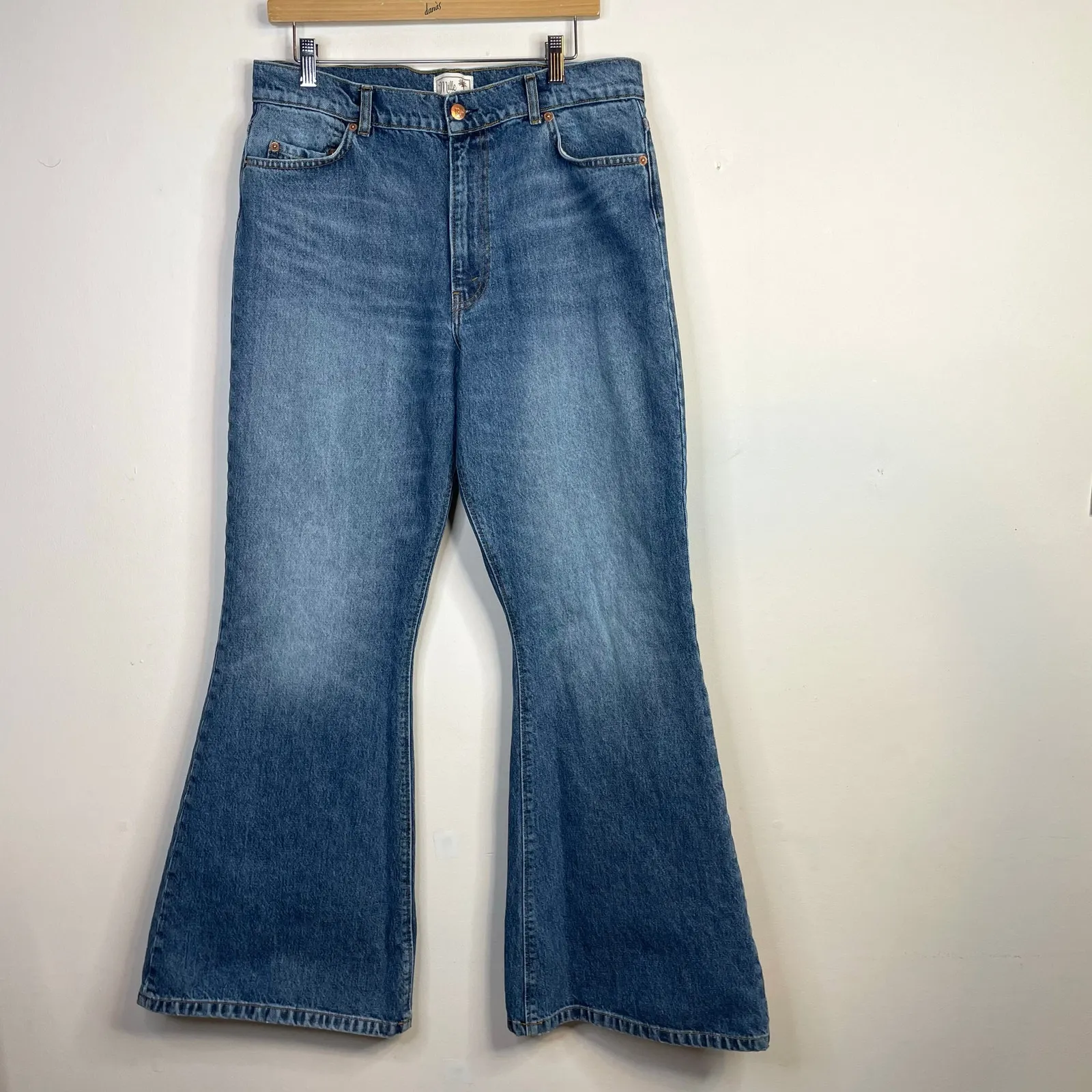 Mille Ashton High Rise Wide Leg Flare Bell Jeans Rigid Cotton denim Womens 33 Blue - Image 2