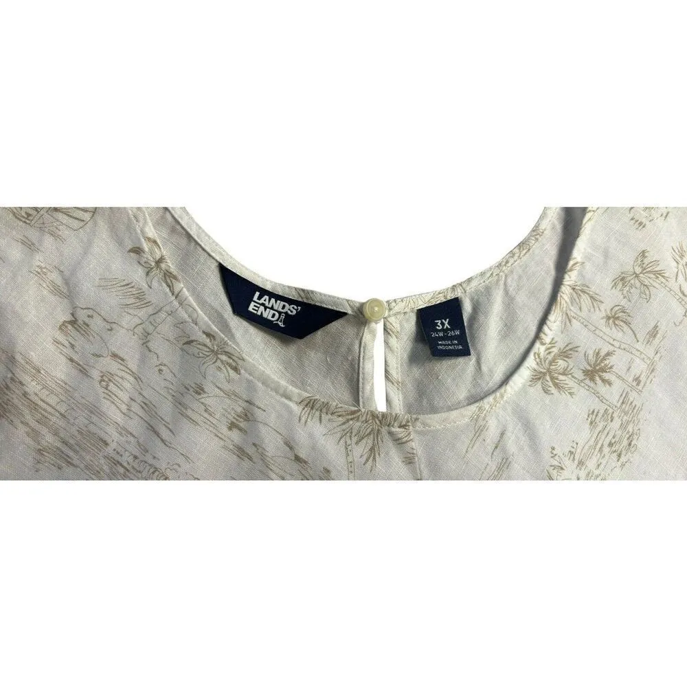 Lands’ End 100% Linen Sleeveless Top 3X Tan Palm Trees Coastal Resort Flowy - Image 5