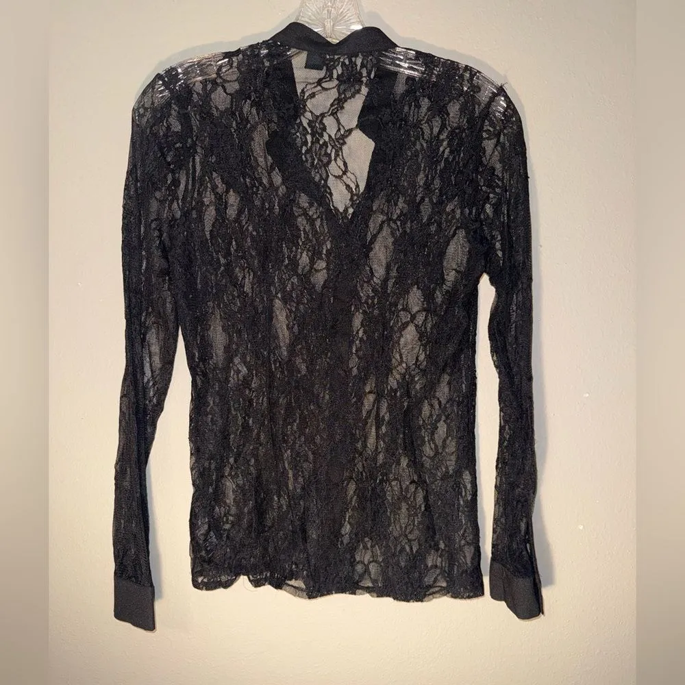 Forever 21 Black Lace Sheer Button Down Top Small - Image 7
