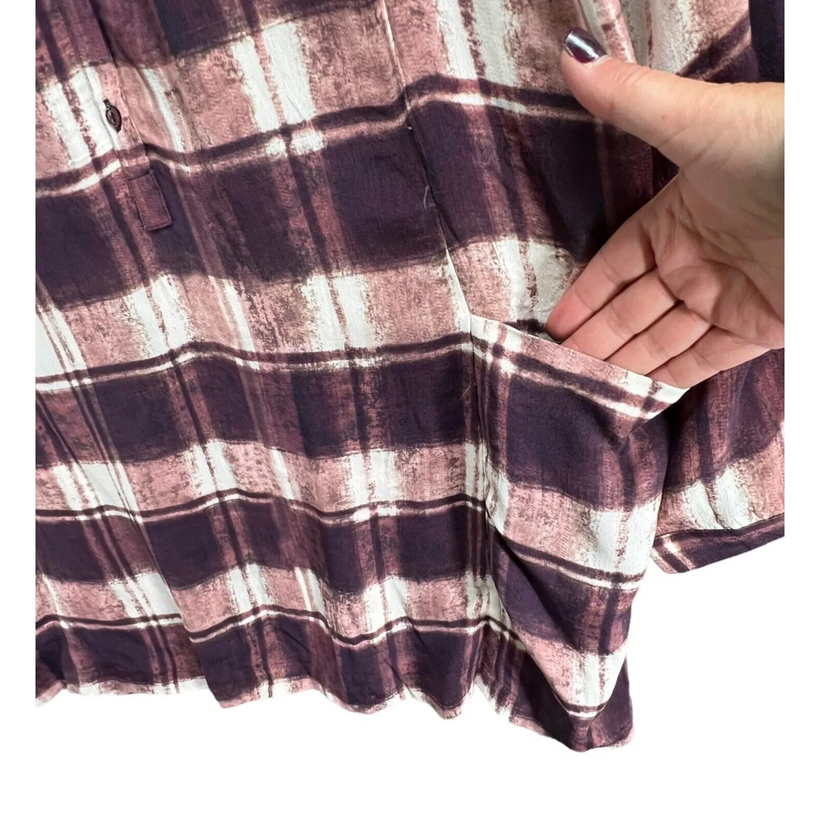 Garnet Hill Tunic Top Women 6 Purple Plaid Crepe Popover Shirt Casual Cottage - Image 5