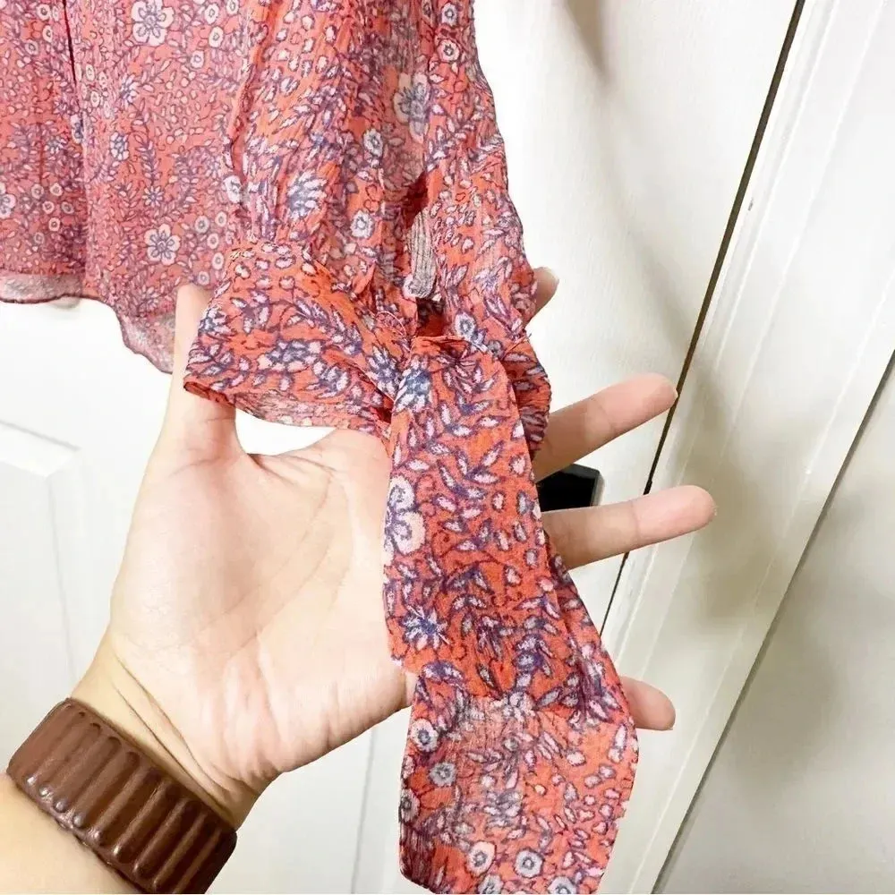 REBECCA TAYLOR 100% Silk Amanda Print Long Sleeve‎ Blouse Tie Sleeves Size 0 - Image 4