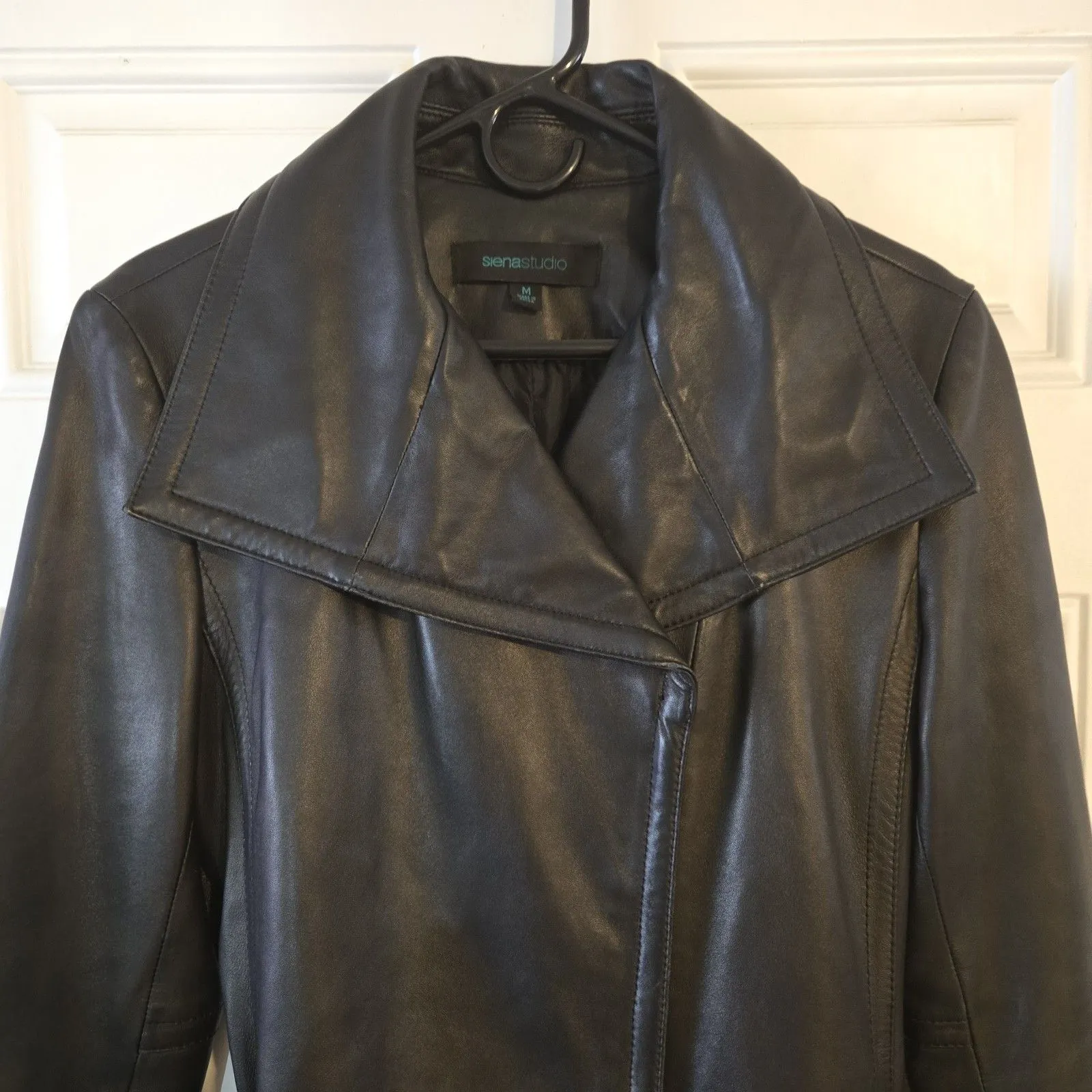 Siena Studio 100% Leather Jacket Womens Medium Brown Belted Moto Minimalist Chic - Image 7