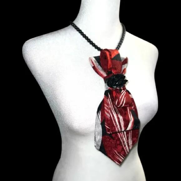 “Dainty Dapper”Red and Black Geometric necktie Necklace with black swan brooch Red - Image 3
