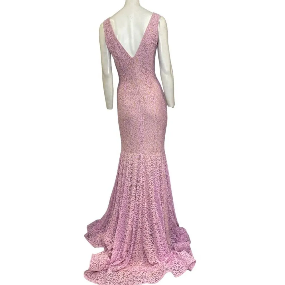 Jovani Lace Mermaid V-Neck Maxi Gown Lilac Size 4 NWT Style 42784 - Image 2