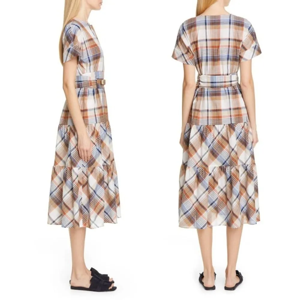 Lafayette 148 New York Angelique Plaid Print Tiered Short Sleeve Midi Dress Med - Image 3