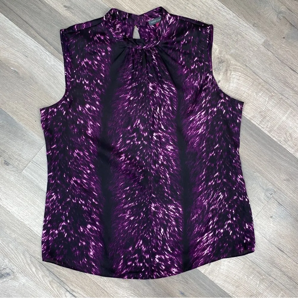 Vince Camuto Satin Printed Pleated  Mock Neck Sleeveless Blouse Purple 12‎ - Image 14
