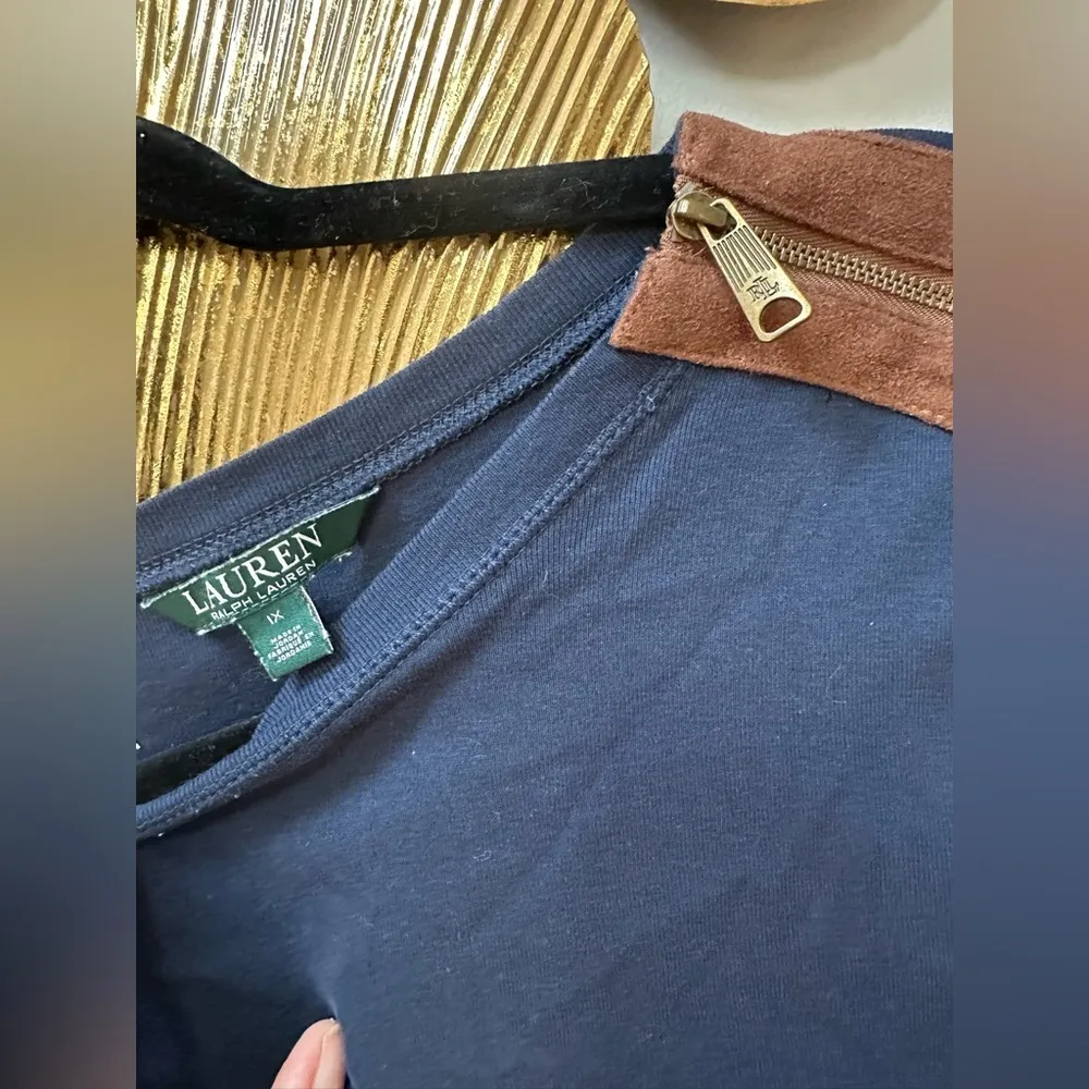 Lauren Ralph Lauren Navy Blue Long Sleeve Shirt Brown Suede Elbow Patches 1X - Image 2
