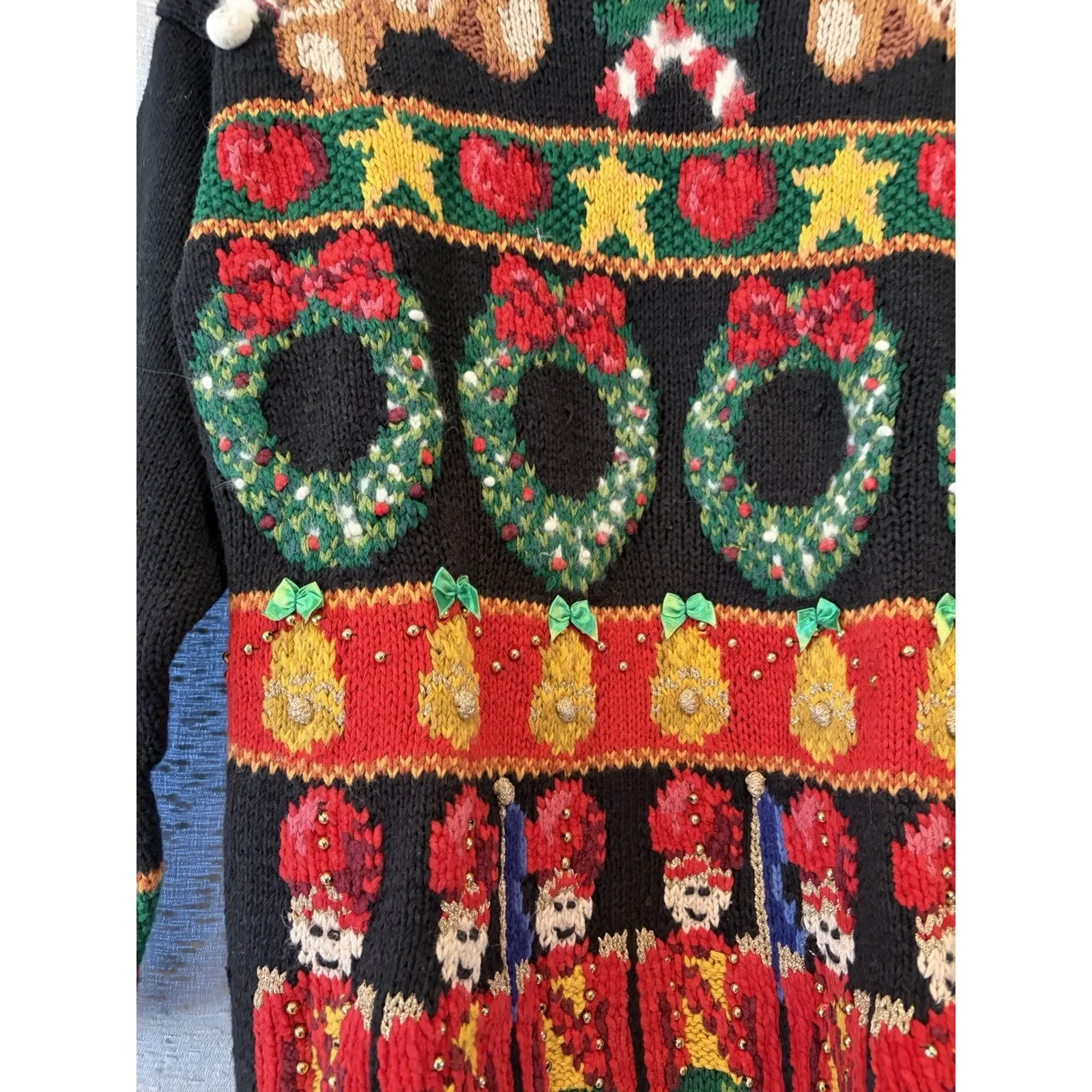 Vtg Marisa Christina Hand Knit Embellished Holiday Sweater Nutcrackers & Bears M Black Size M - Image 3
