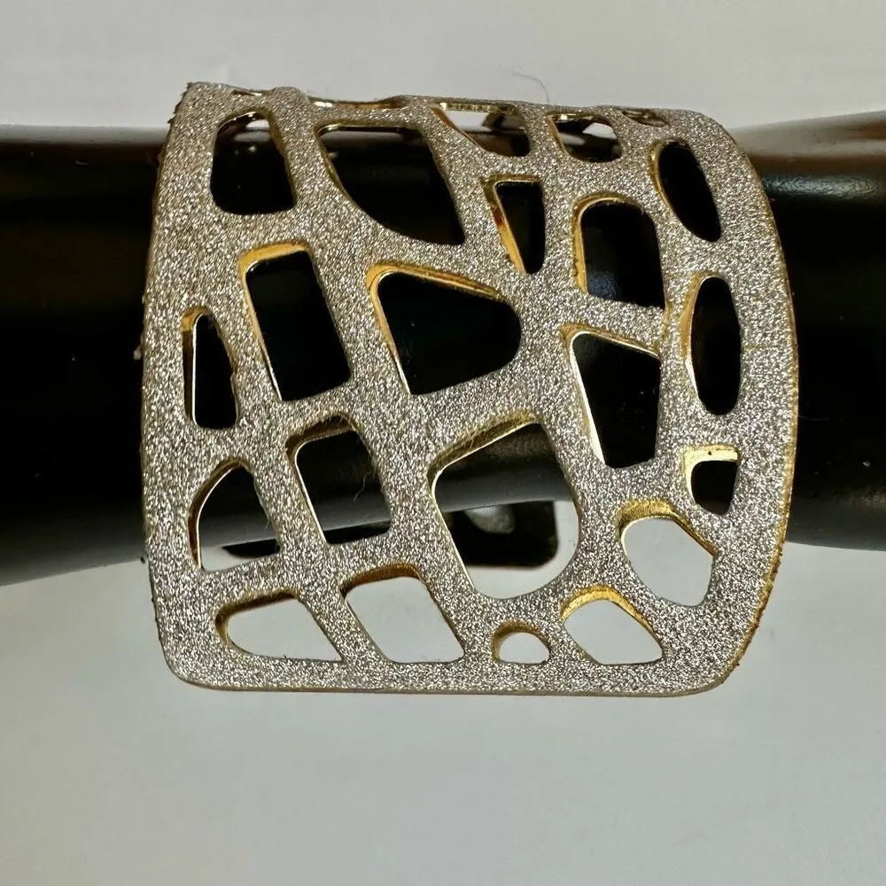 Silver gold tone wide cut out open cuff bracelet - Image 2