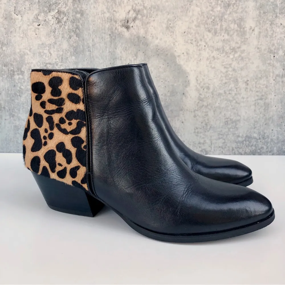 Franco Sarto Black Leather Leopard Calf hair Ankle Heeled Booties Boots 6 - Image 2