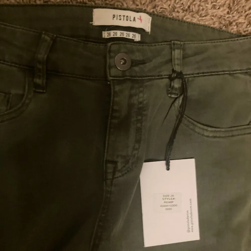 Pistola Moto Audrey Ribbed Knee Olive Green Denim Skinny Jeans 26 Eden Wash NEW - Image 2