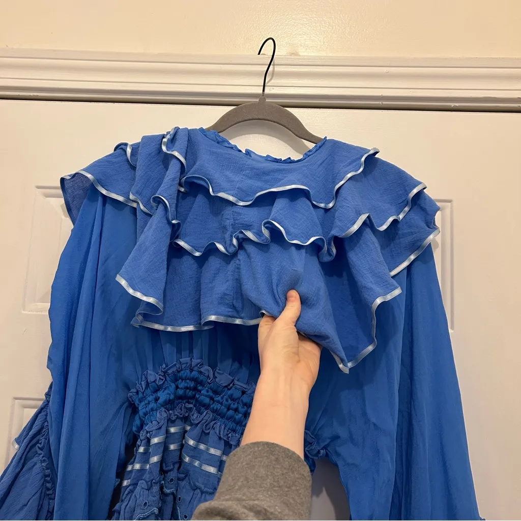 Free People x Fillyboo Lotus Ruffles Buttondown Ribbon Trim Mini Dress Tunic Blue Size XS - Image 11