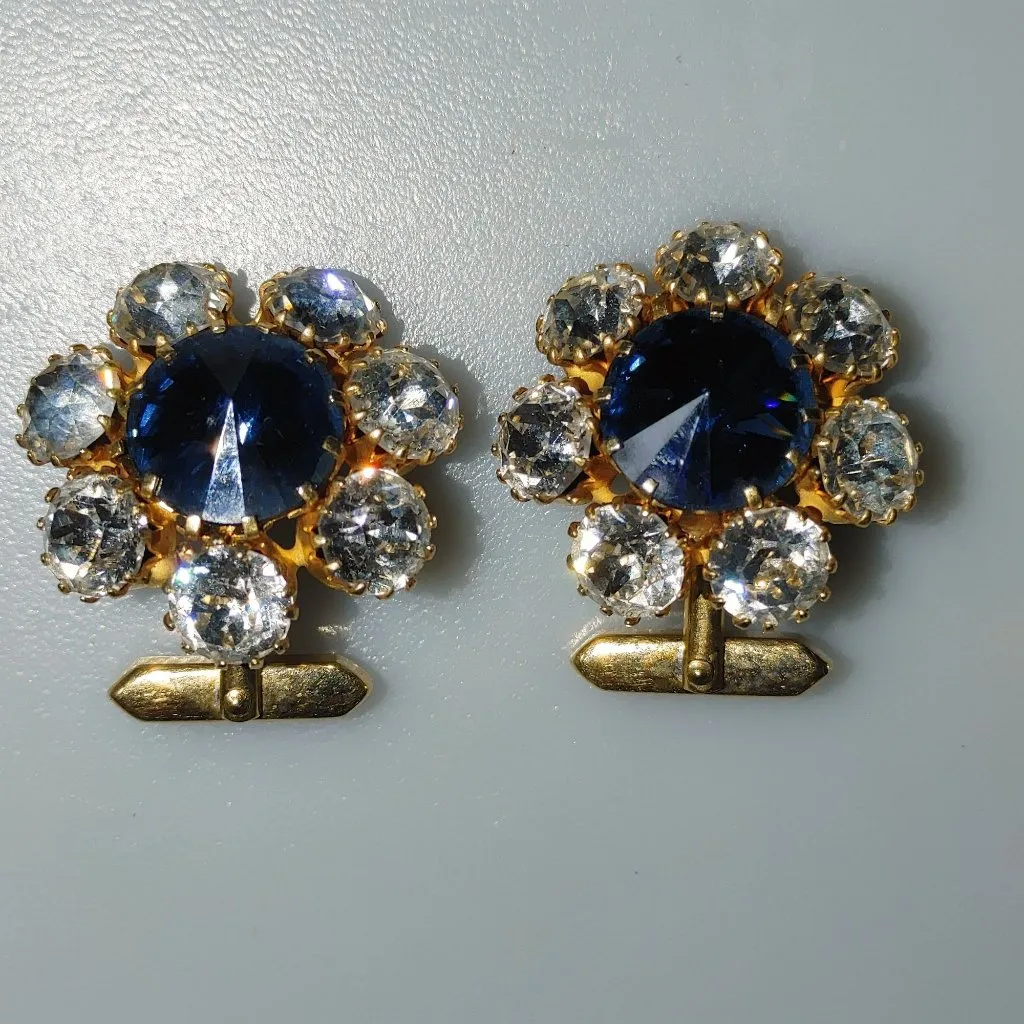 Rivoli Rhinestone Vintage Gold Tone Cufflinks Blue Clear Rhinestones Prong Set - Image 4