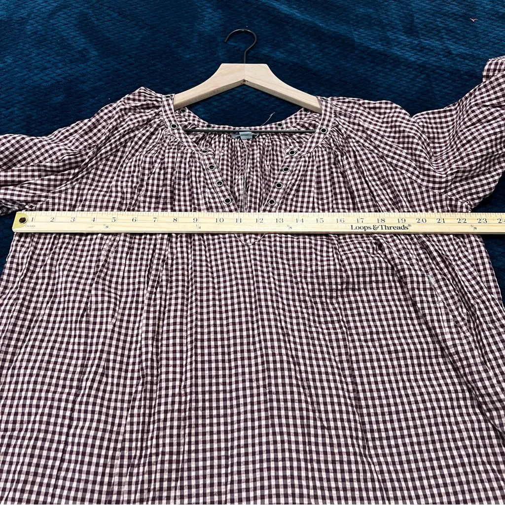 Aerie Gingham Checkered Grommet V-Neck Long Puff Sleeve Oversized Blouse Size S - Image 11