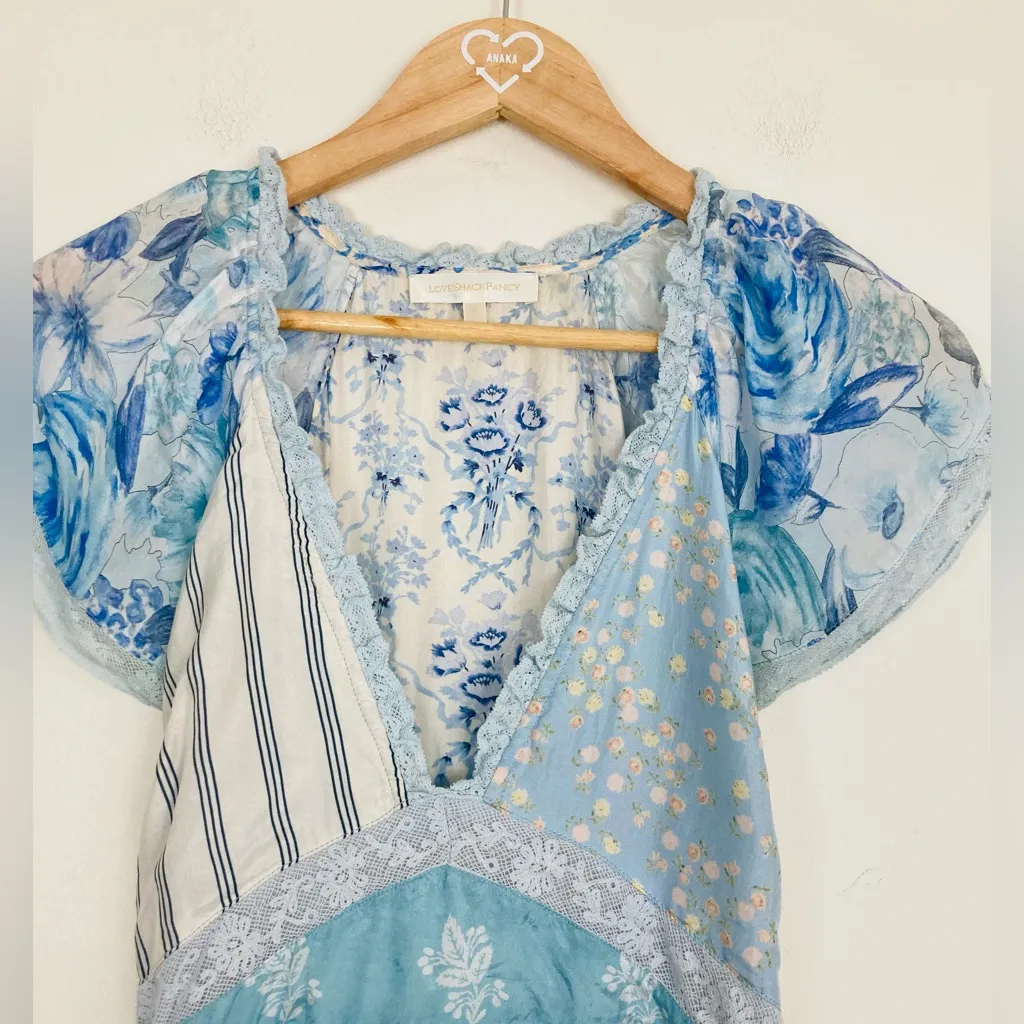 LoveShackFancy Tula silk patchwork midi dress with puff sleeve, lace trim. Sz 0 - Image 4