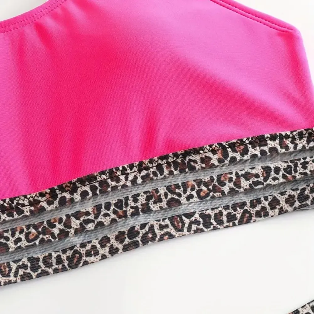 Magenta Mesh Leopard Print Bikini Sets High Waist Two Pieces Swimsuit Size M - Image 4