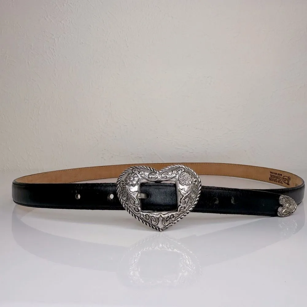 Justin Black Leather Western Belt Silver Heart Buckle Size 34 VGUC - Image 2