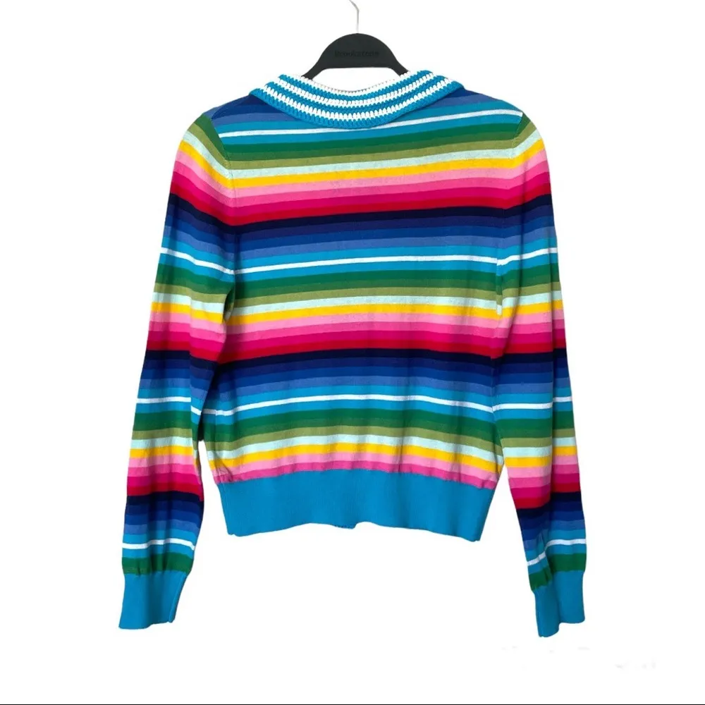 NWT Happy Sheep Rainbow Blue Striped Cardigan Crochet Detail Size Small - Image 15