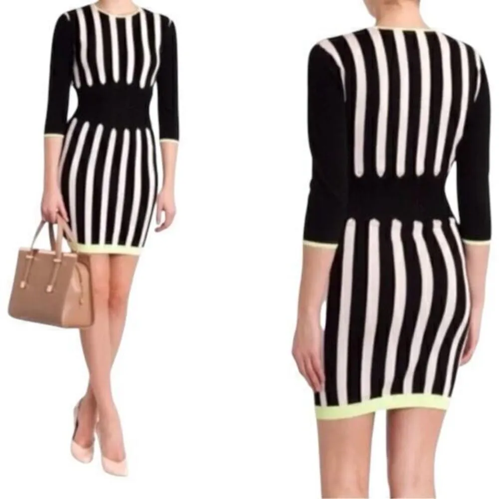 Ted Baker Sz 2 S Black White Row Striped Knit Contrast Lime Green Sweater Dress - Image 2