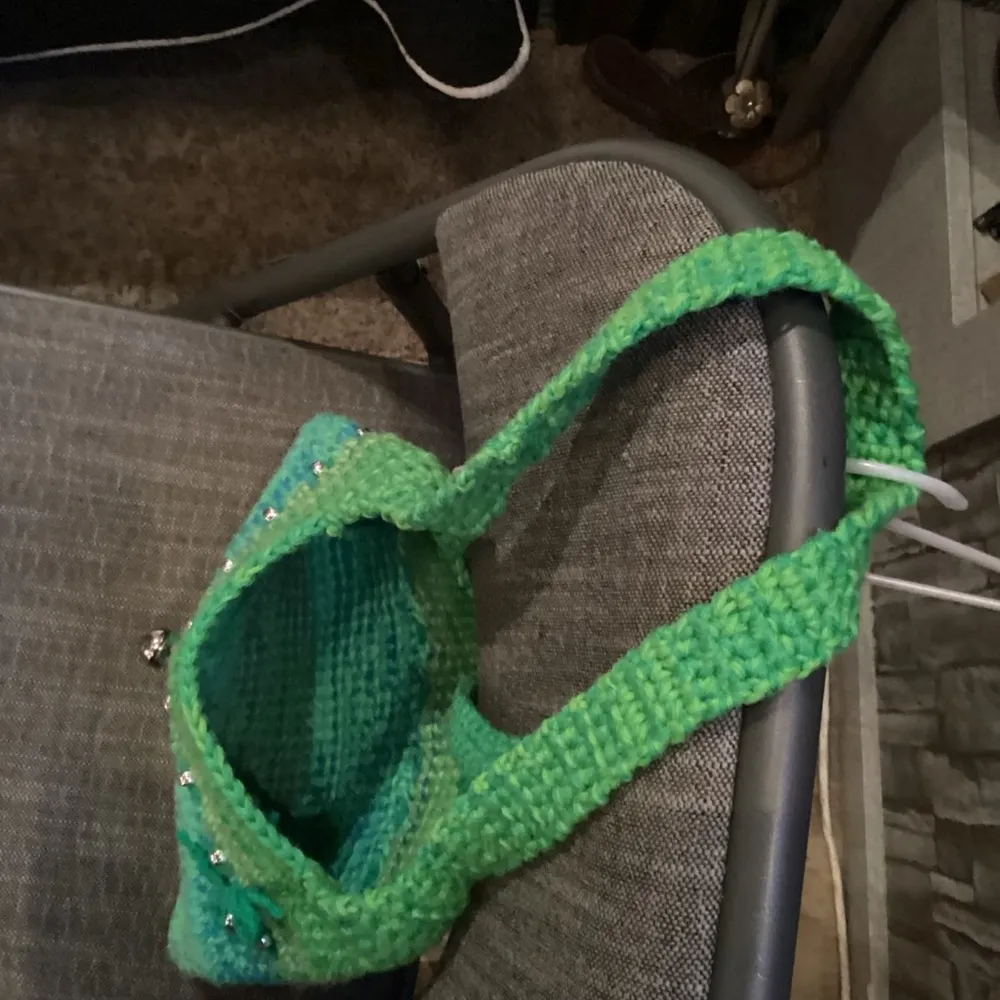 Crocheted Purse in multi-green with blue yarn and display's Silver beads - Image 3
