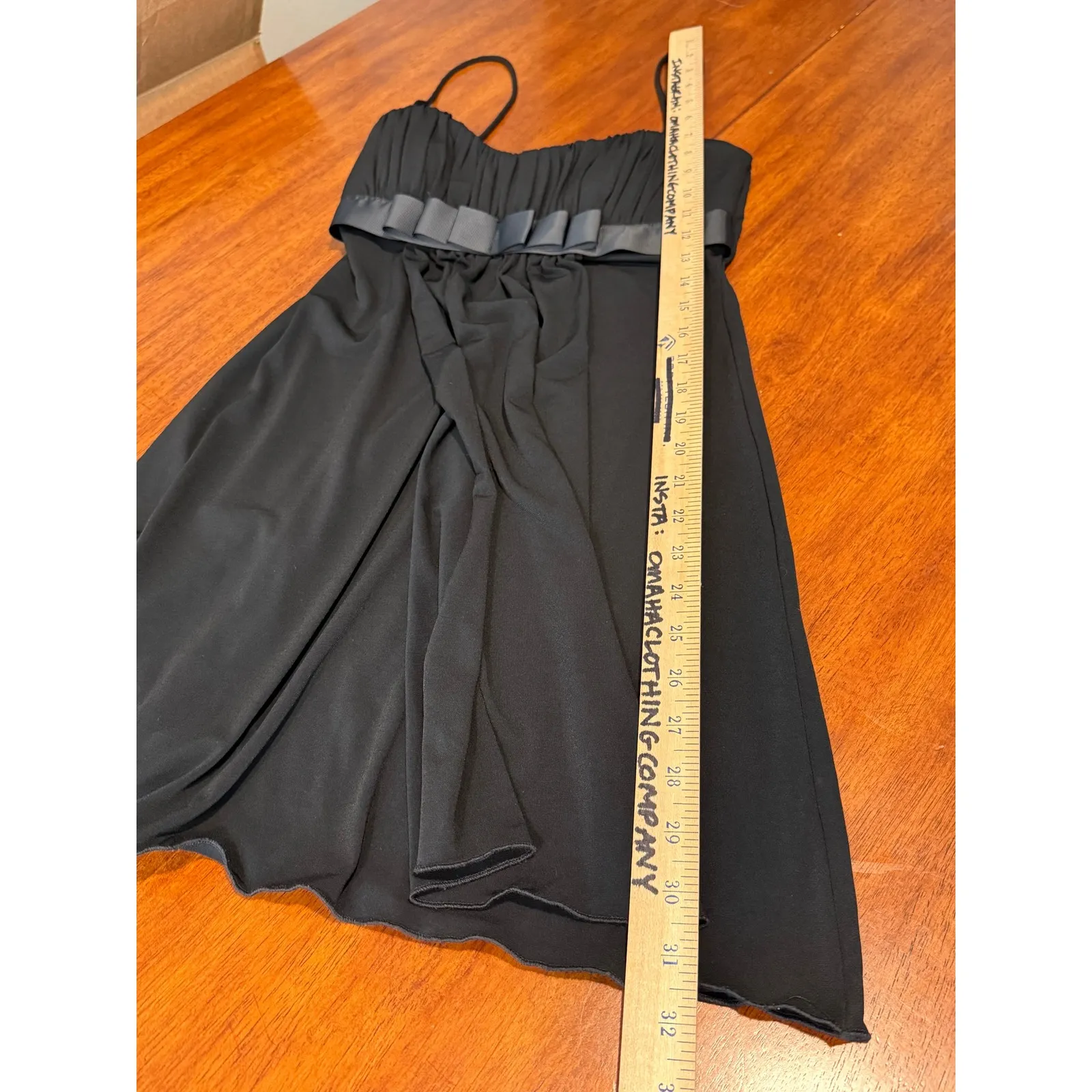 Morgan & Co Black Ruched Ribbon Bow Formal Spaghetti Strap Dress Small Spring S - Image 4