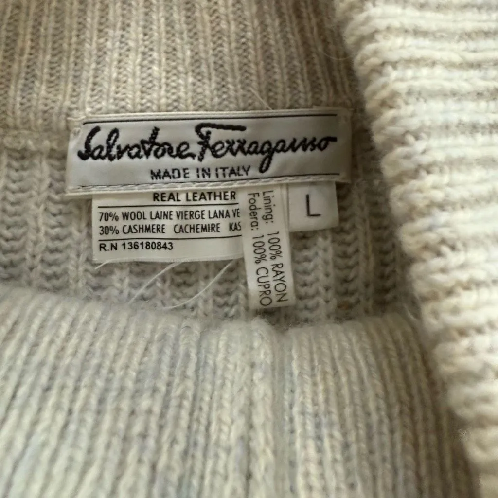 Salvatore Ferragamo Wool Cashmere and Sueded Leather Full Zip Cardigan Jacket Li - Image 10