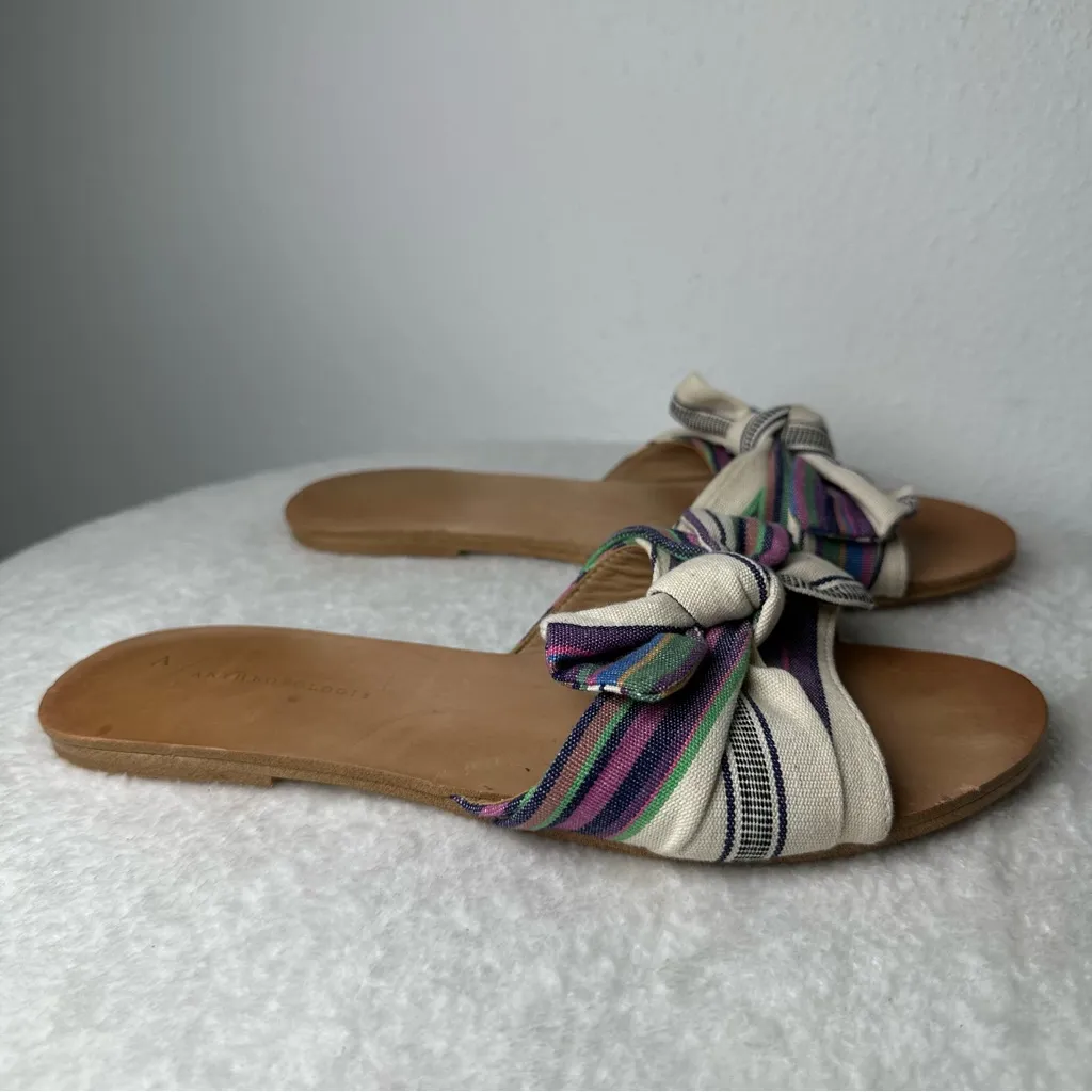 Anthropologie Striped And Knotted Bow Sandals  Flats Purple and Green Size 8 - Image 5