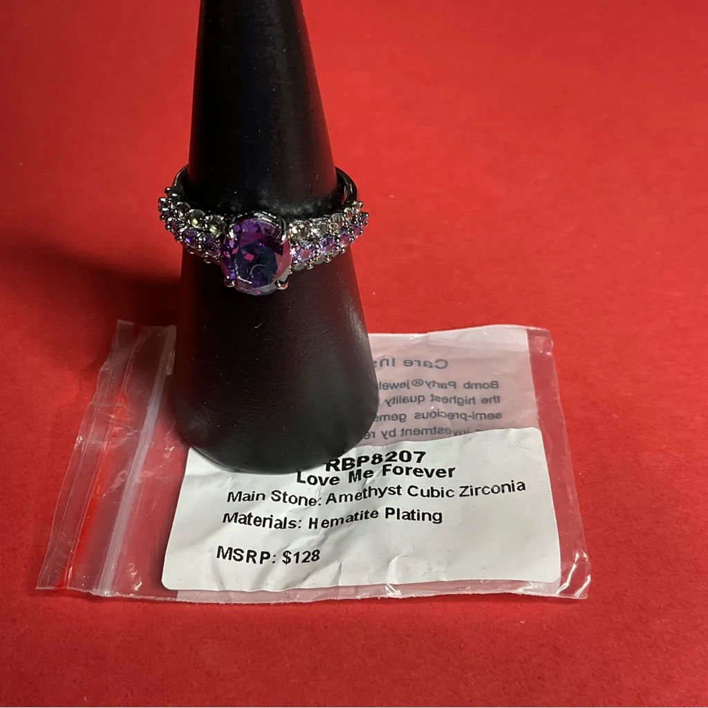Bomb Party RBP8207 “Love Me Forever” Cubic Zirconia on Hematite Size 10 Ring NWT Purple - Image 4
