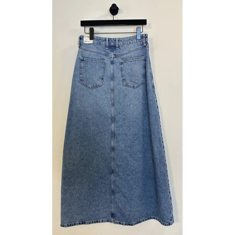 FREE PEOPLE Come As You Are Denim Maxi Skirt in Wash Sapphire Blue With Slit 4 - Image 9