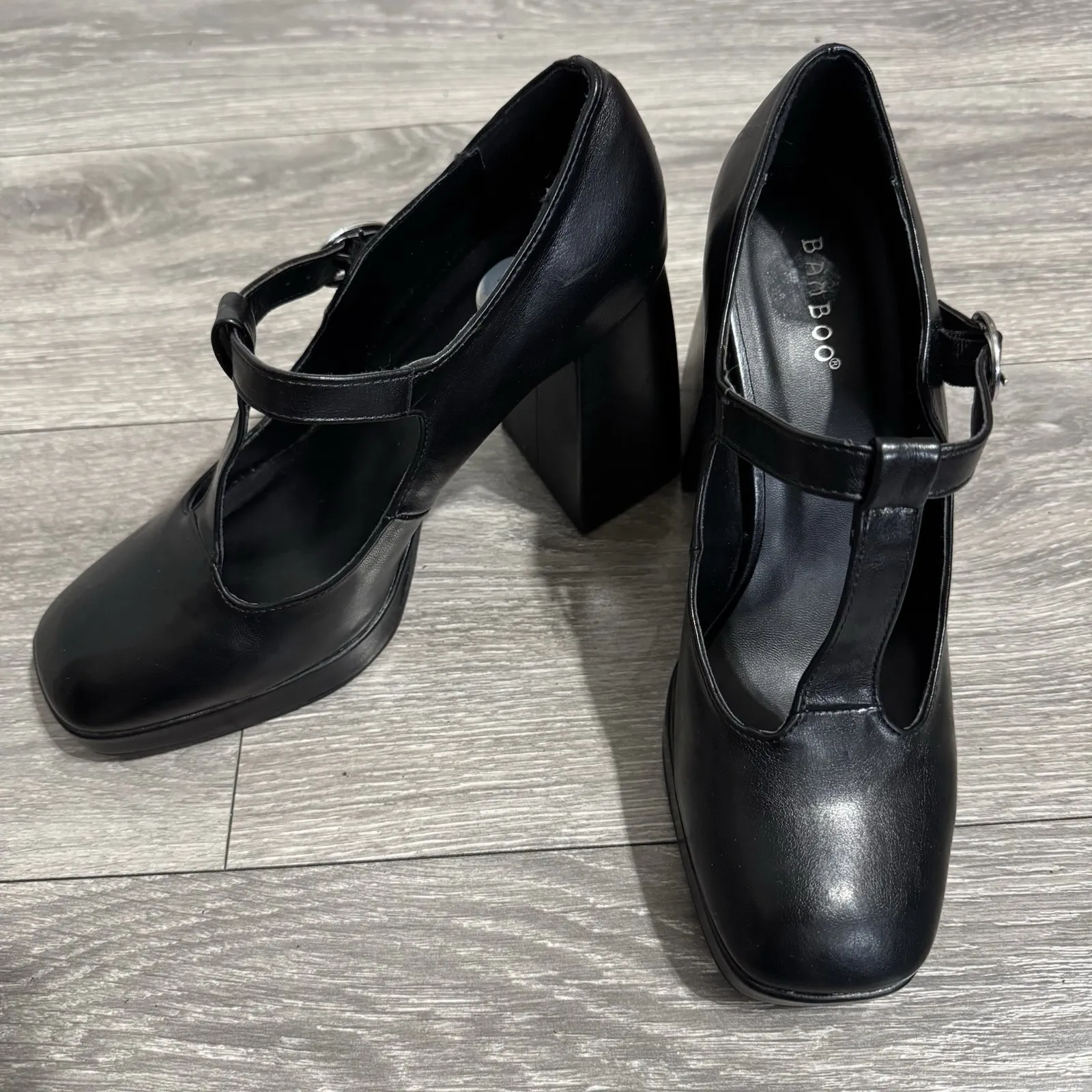 BAMBOO Black Academia Platform Mary Jane Pumps Chucky Heel 9 Faux Leather Y2K - Image 2